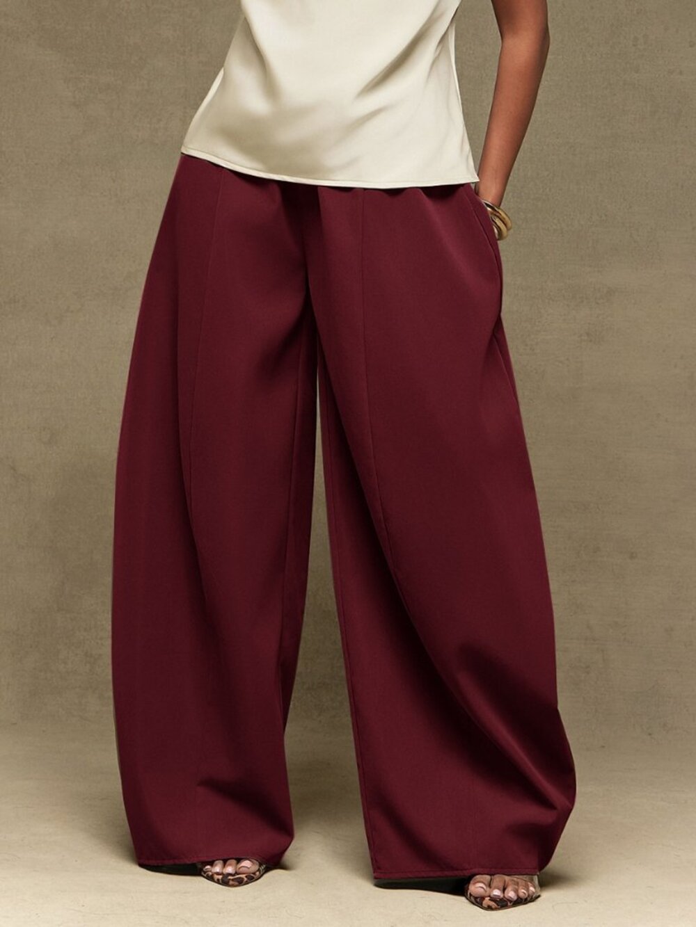 Burgundy Casual Women's Suiting High Waist Barrel Leg Pants